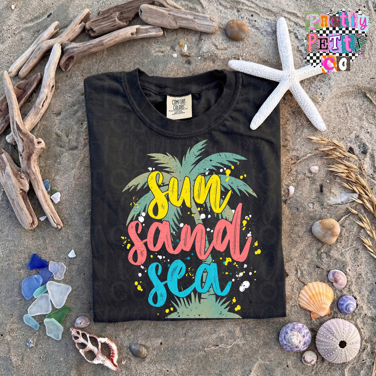 Sun Sand Sea Shirt, Summer Beach Tee, Coastal Vacation Shirt, Tropical Graphic Tee - Pretty Petty Co