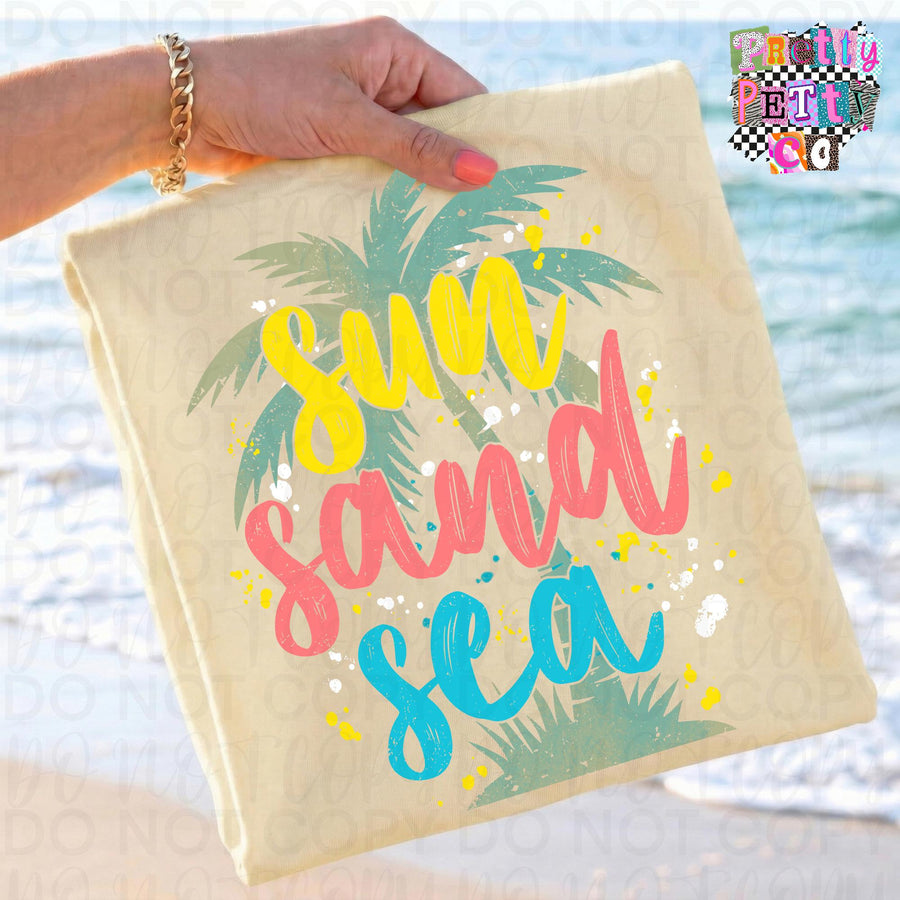 Sun Sand Sea Shirt, Summer Beach Tee, Coastal Vacation Shirt, Tropical Graphic Tee - Pretty Petty Co