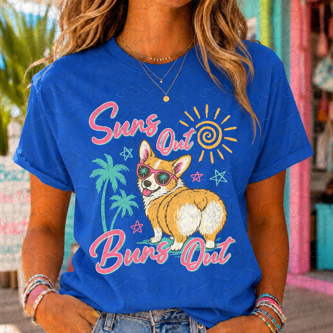 Suns Out Buns Out Corgi Graphic Tee | Funny Summer Dog Shirt | Retro Beach Corgi T-Shirt