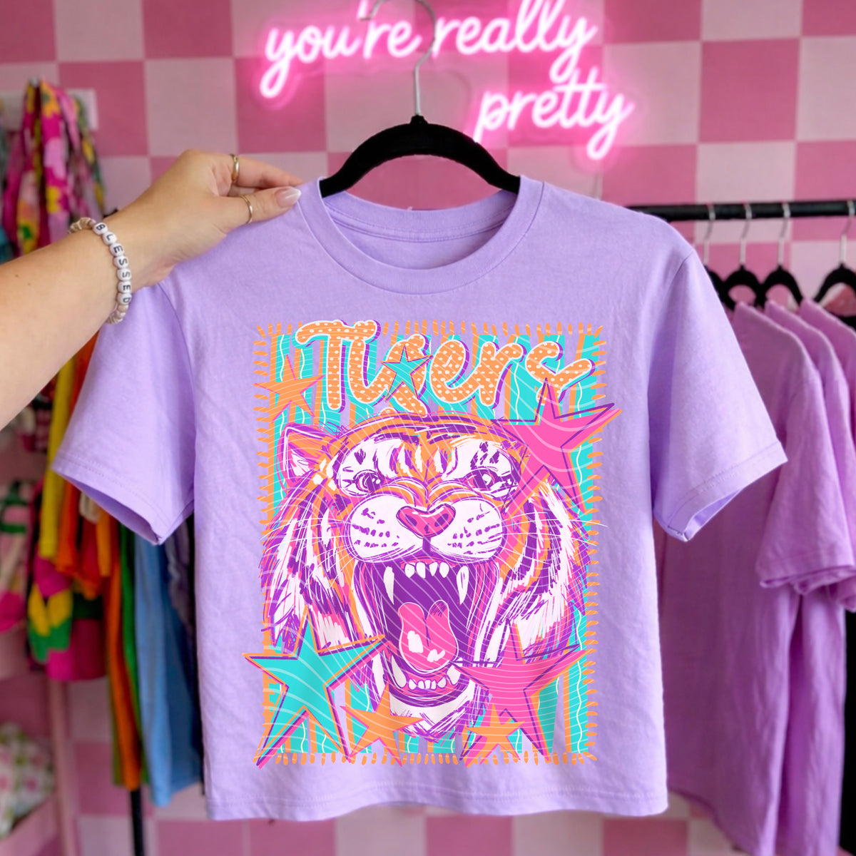 Tigers Preppy Mascot Shirt, Bright Color Collegiate Graphic Tee, Cute School Spirit Inspired Soft Style Tee for Women and Kids - Pretty Petty Co