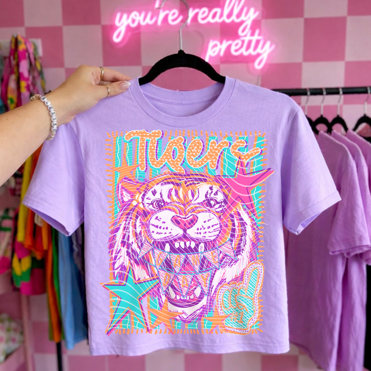 Tigers Preppy Mascot Shirt, Bright Color Collegiate Graphic Tee, Cute School Spirit Inspired Soft Style Tee for Women and Kids - Pretty Petty Co