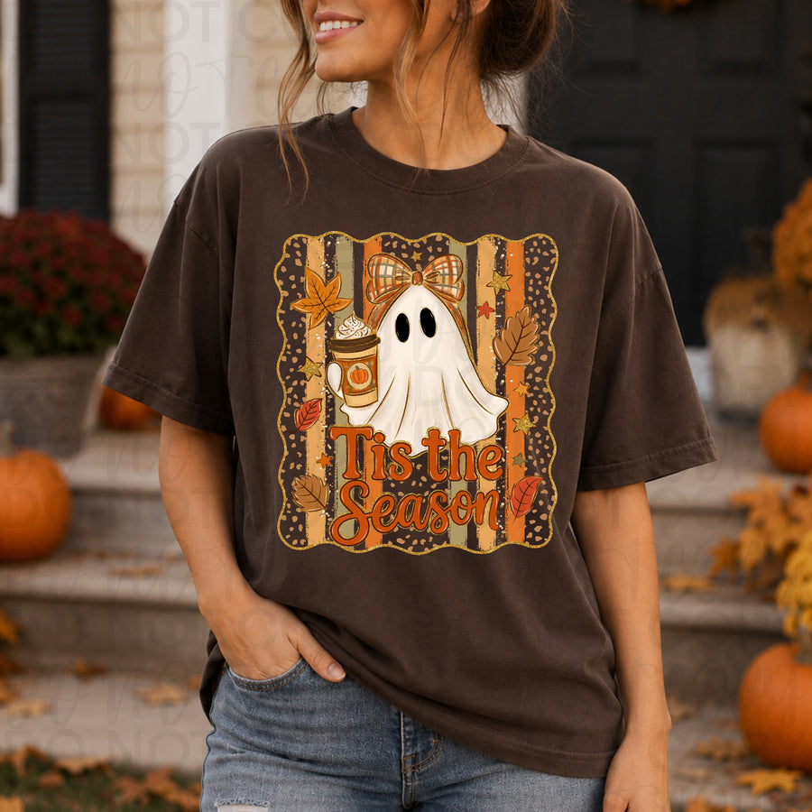 Tis the Season Ghost Shirt | Cute Fall Ghost Graphic Tee | Pumpkin Spice Coffee Halloween Shirt | Cozy Autumn Comfort Colors Tee