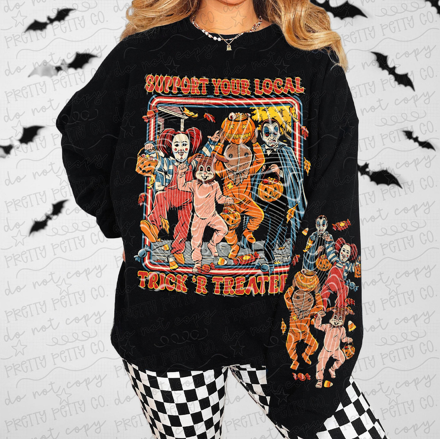 Support Your Local Trick or Treaters Halloween Graphic Tee | Retro Spooky Costume Shirt | Halloween Front Back Print Tee