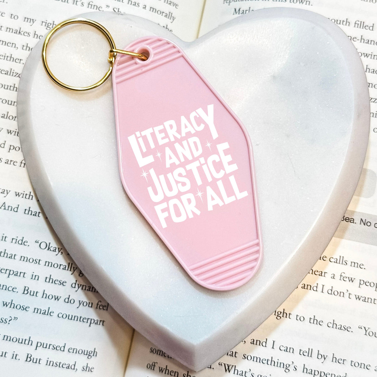 Literacy And Justice For All Retro Motel Keychain