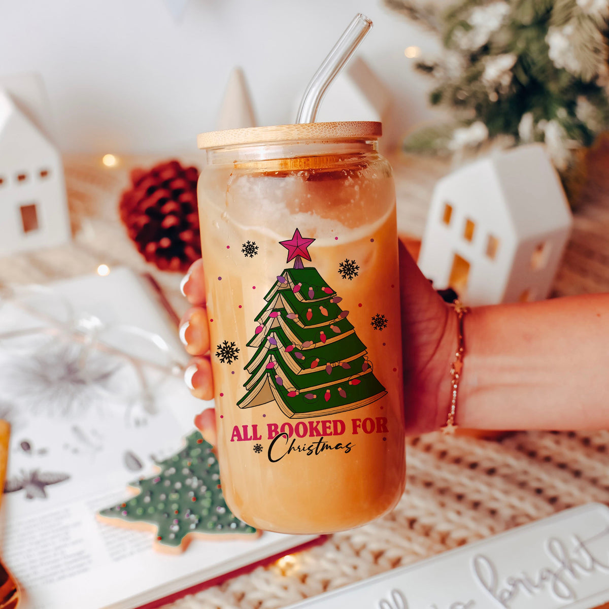 All Booked for Christmas Clear Glass Cup with Bamboo Lid & Straw