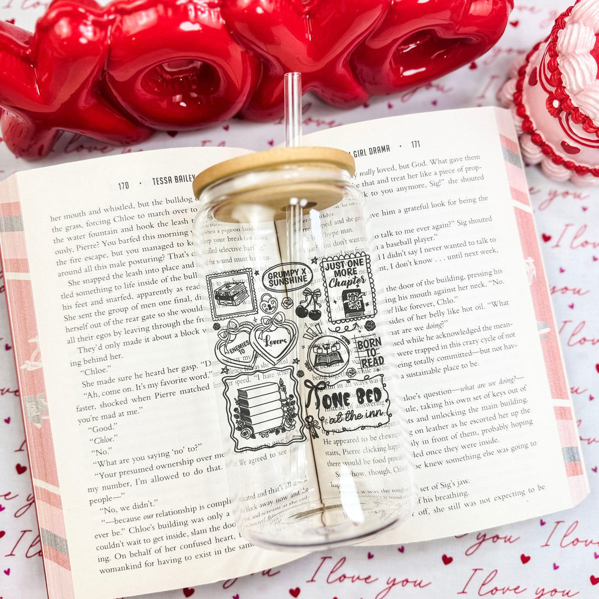 Bookish Romance Tropes Clear Glass Cup with Bamboo Lid & Plastic Straw