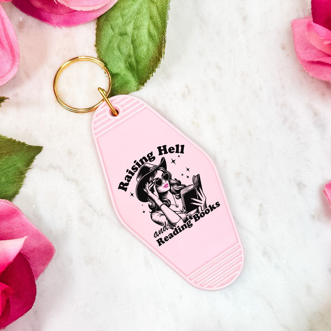 Raising Hell And Reading Books Retro Motel Keychain