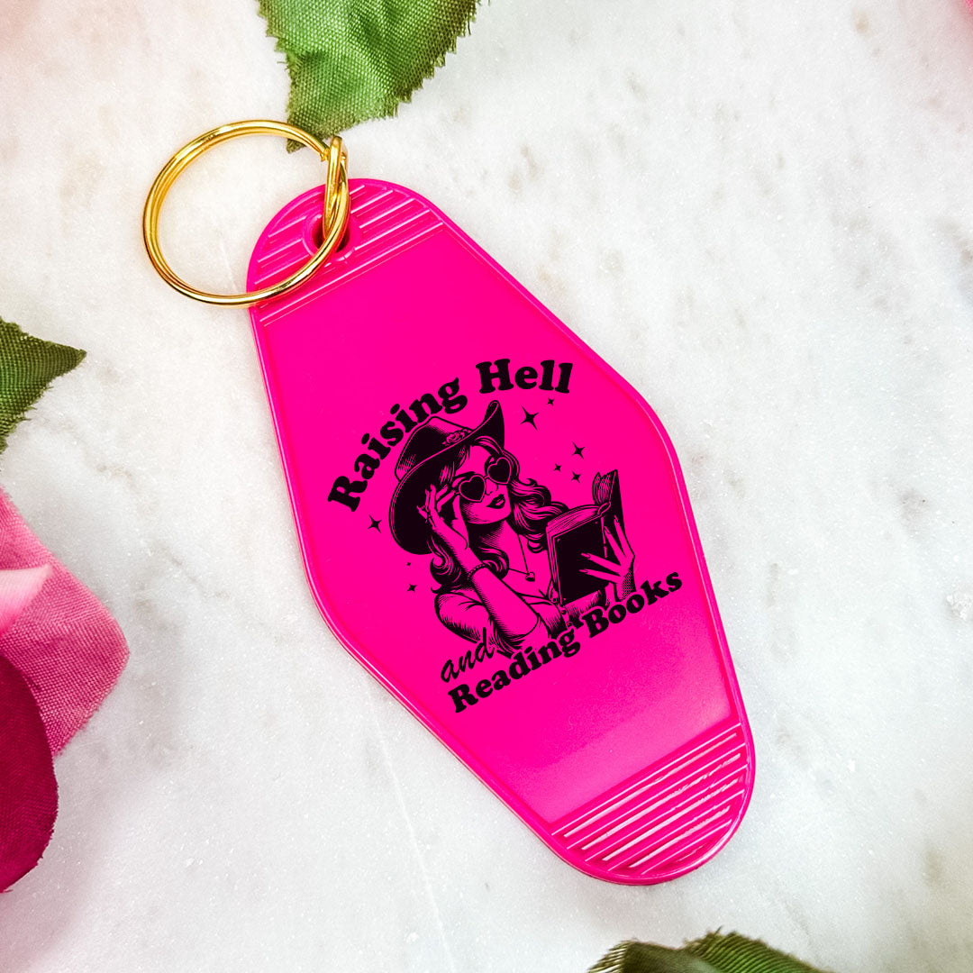 Raising Hell And Reading Books Retro Motel Keychain