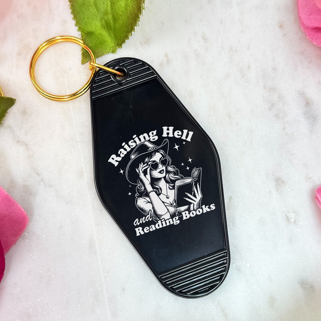 Raising Hell And Reading Books Retro Motel Keychain