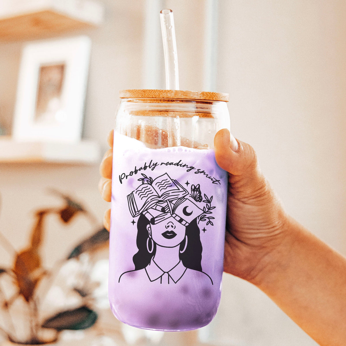 Probably Reading Smut" Clear Glass Cup | Bamboo Lid Tumbler with Reusable Straw Options for Book Lovers