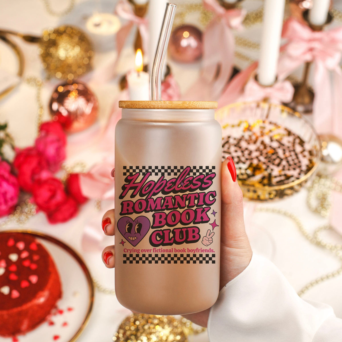 Hopeless Romantic Book Club Frosted Glass Cup with Bamboo Lid & Straw