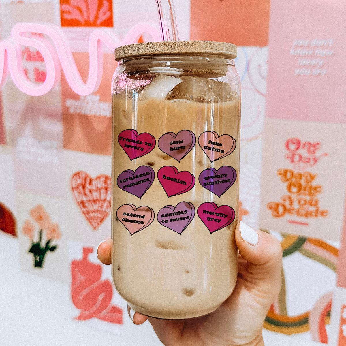 Bookish Tropes Candy Hearts Clear Glass Cup with Bamboo Lid & Straw