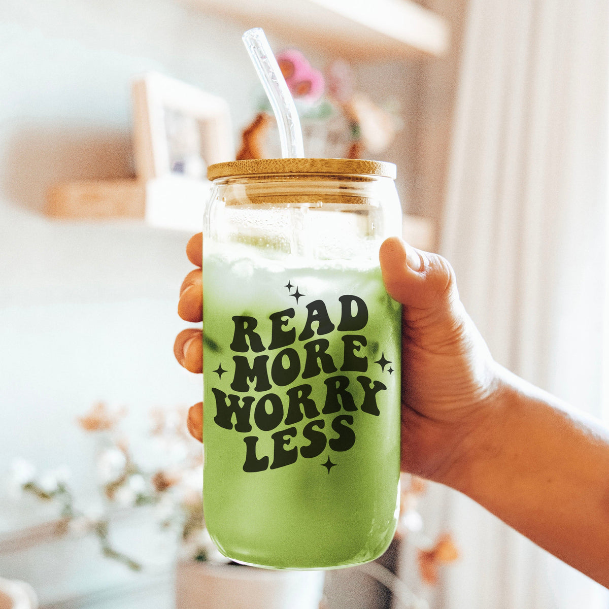 Read More Worry Less Clear Glass Cup with Bamboo Lid and Custom Straw Options for a Bookish and Eco-Friendly Gift