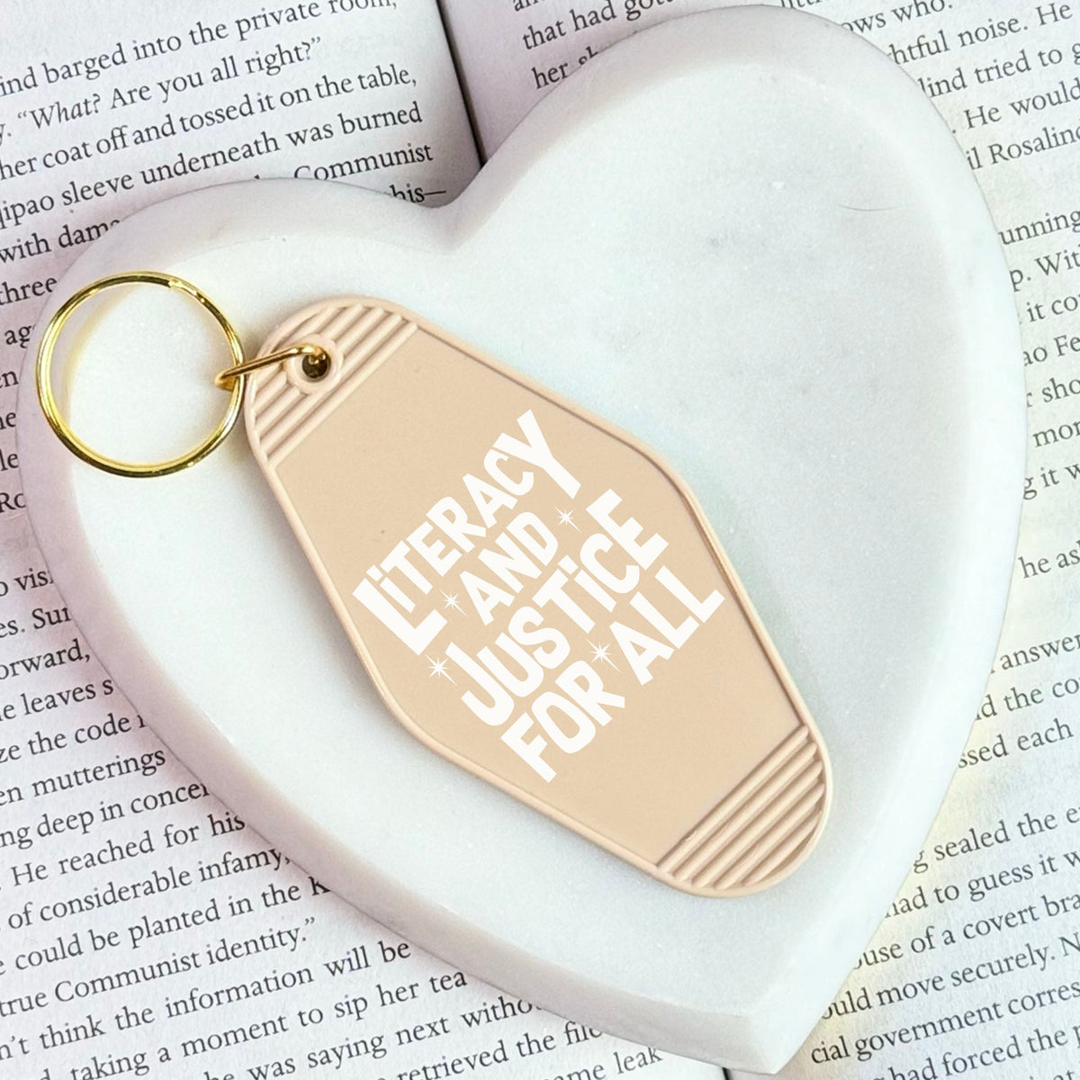 Literacy And Justice For All Retro Motel Keychain