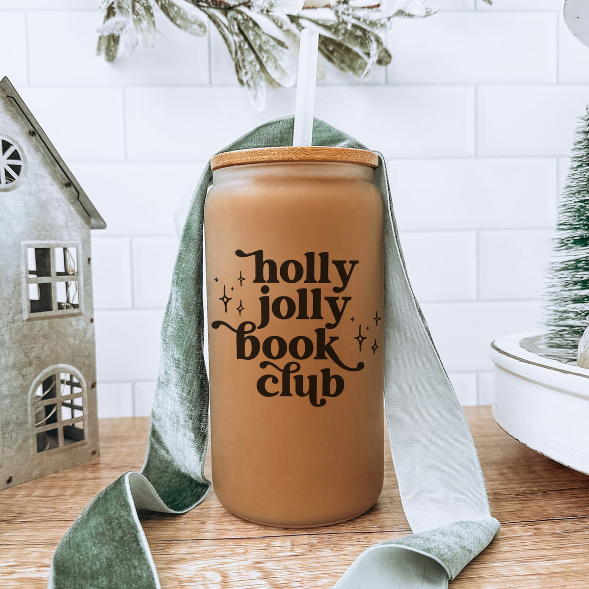 Holly Jolly Book Club Frosted Glass Cup with Bamboo Lid & Straw