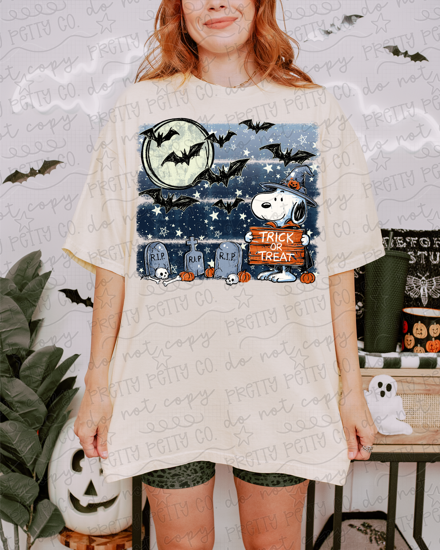 Cute Trick or Treat Halloween Dog Graphic Tee | Spooky Graveyard Pumpkin Shirt