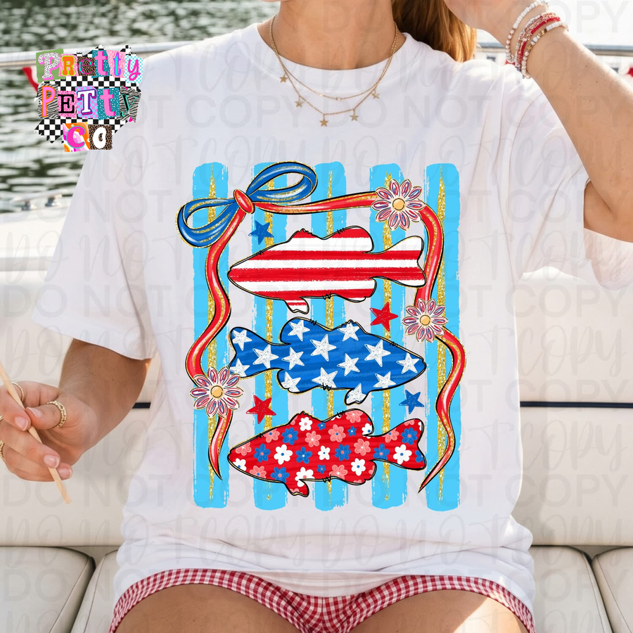 American Flag Fish Tee, Patriotic Fishes Shirt, Funny Fishing Graphic Tee, Comfort Colors, DTF Printed - Pretty Petty Co