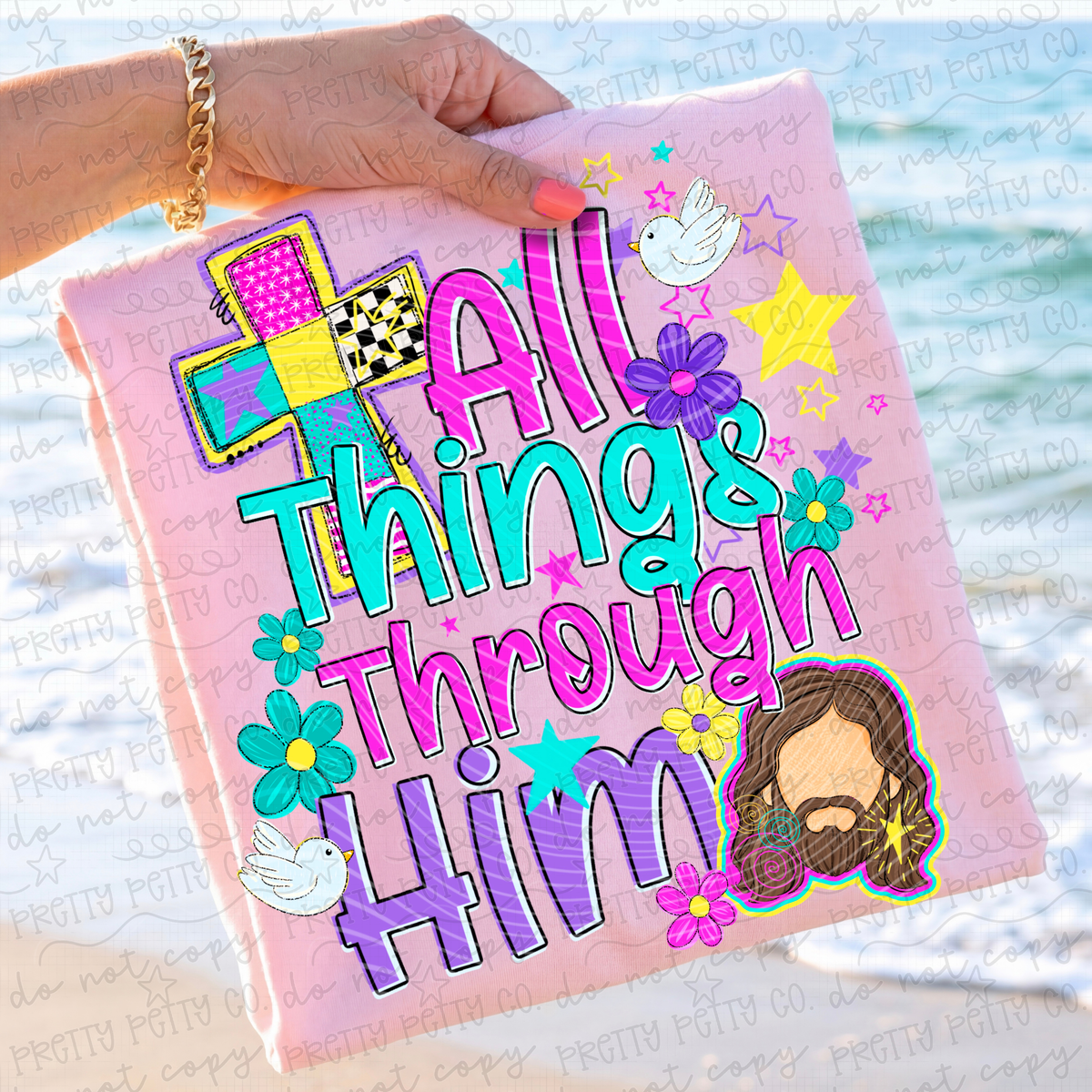 All Things Through Him Comfort Colors Shirt, Colorful Christian Graphic Tee, Faith Based Inspirational Shirt - Pretty Petty Co