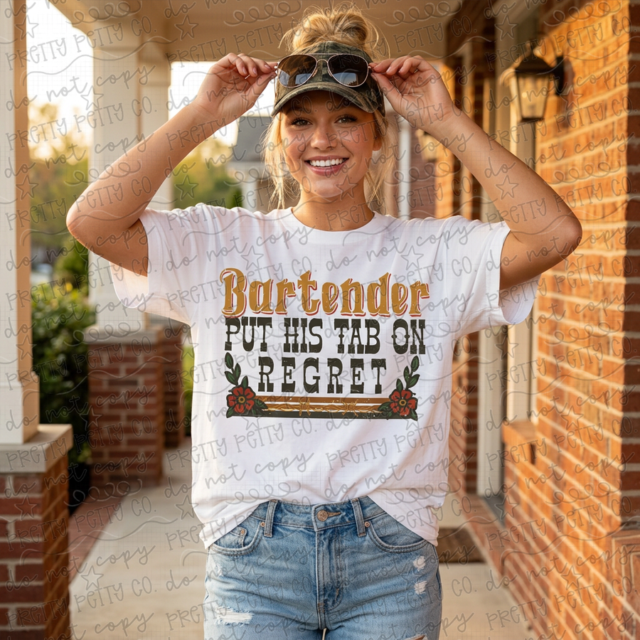 Bartender Put His Tab on Regret Graphic Tee | Funny Country Breakup Shirt | Southern Bar Scene Tee