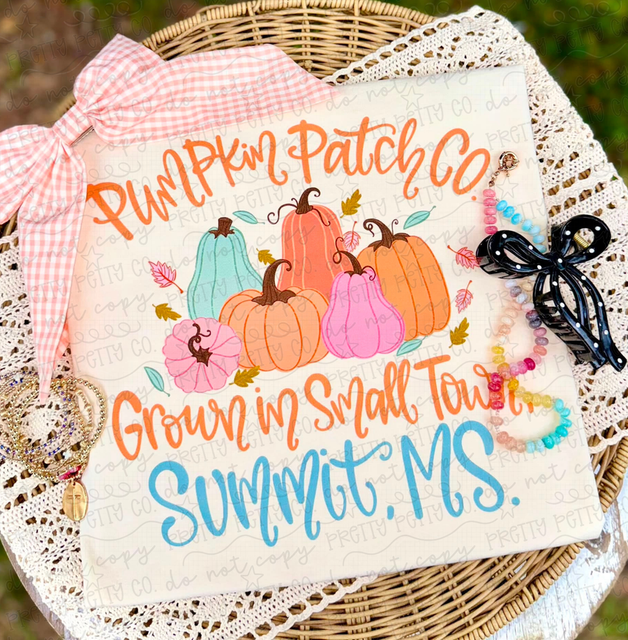 Personalized Pumpkin Patch Grown in Small Town Shirt | Custom Hometown Fall Pumpkin Graphic Tee | Personalized Autumn Country T-Shirt | Custom Town Name Shirt