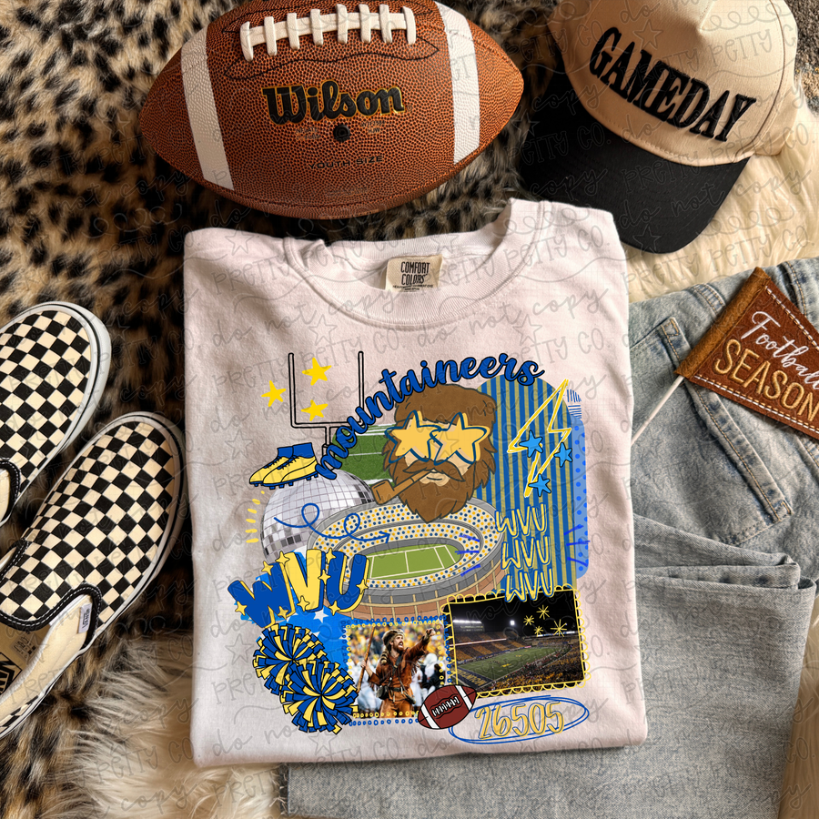 WVU Mountaineers Football Collage Graphic Tee | West Virginia University Game Day Shirt | Mountaineer Football T-Shirt