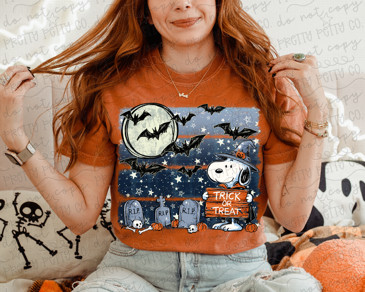Cute Trick or Treat Halloween Dog Graphic Tee | Spooky Graveyard Pumpkin Shirt