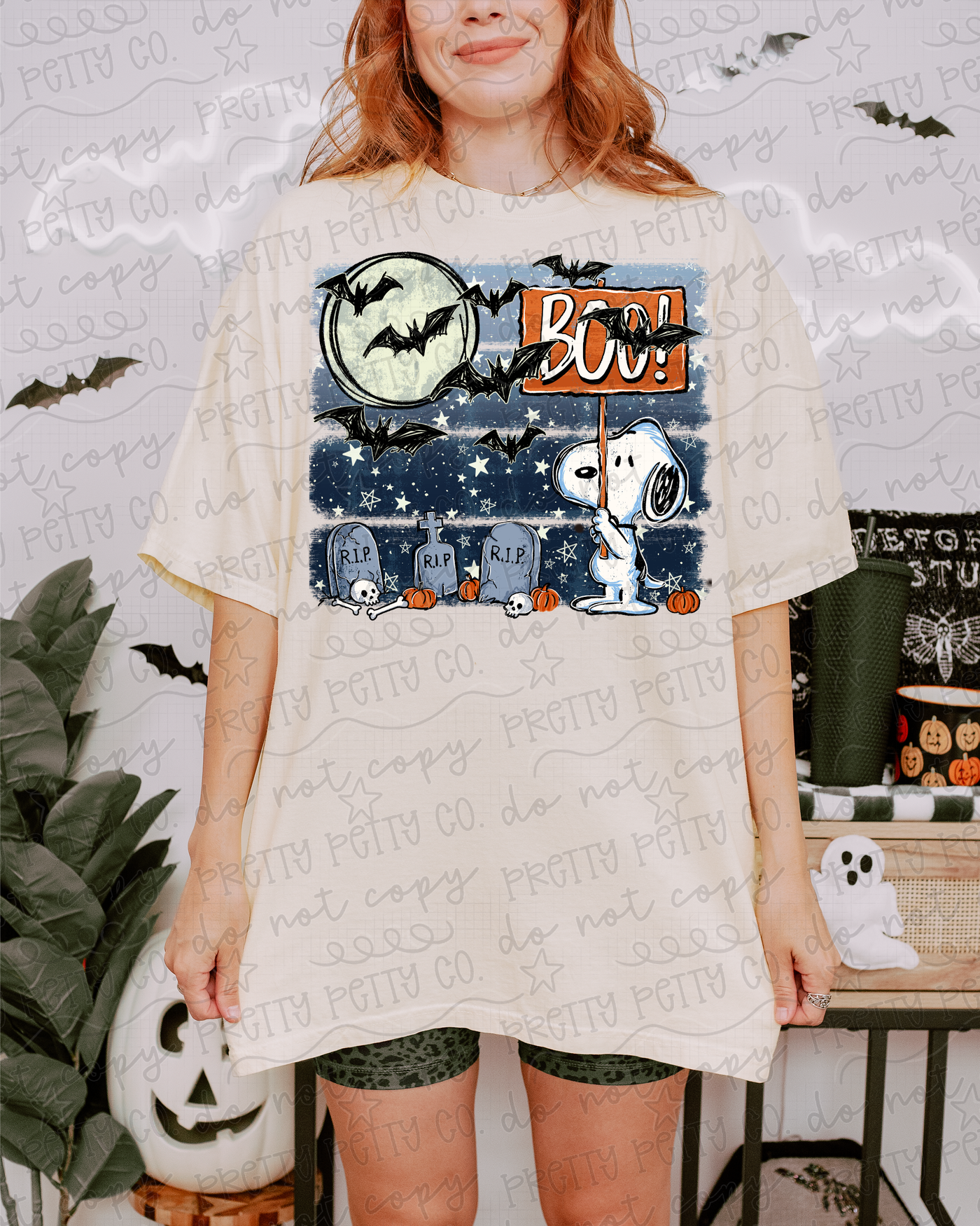 Cute Halloween Dog Boo Sign Graphic Tee | Spooky Graveyard Bat & Pumpkin Shirt