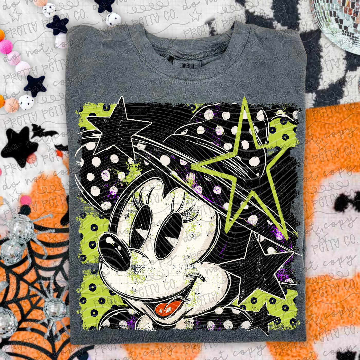 Retro Halloween Witch Mouse Graphic Tee | Spooky Green Purple Star Character Shirt