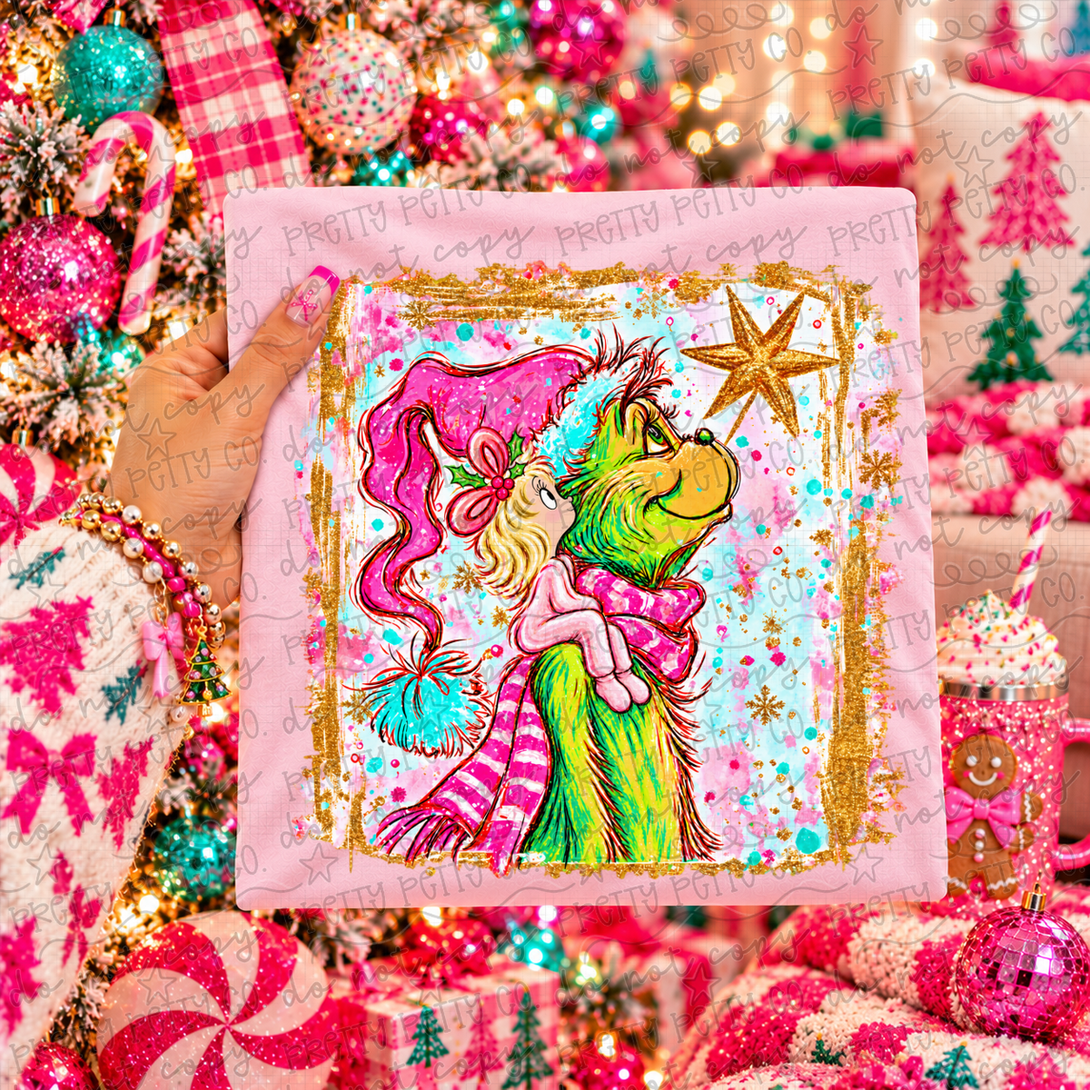 Green Man & Girl Graphic Tee | Pink Christmas Shirt | Retro Holiday T-Shirt