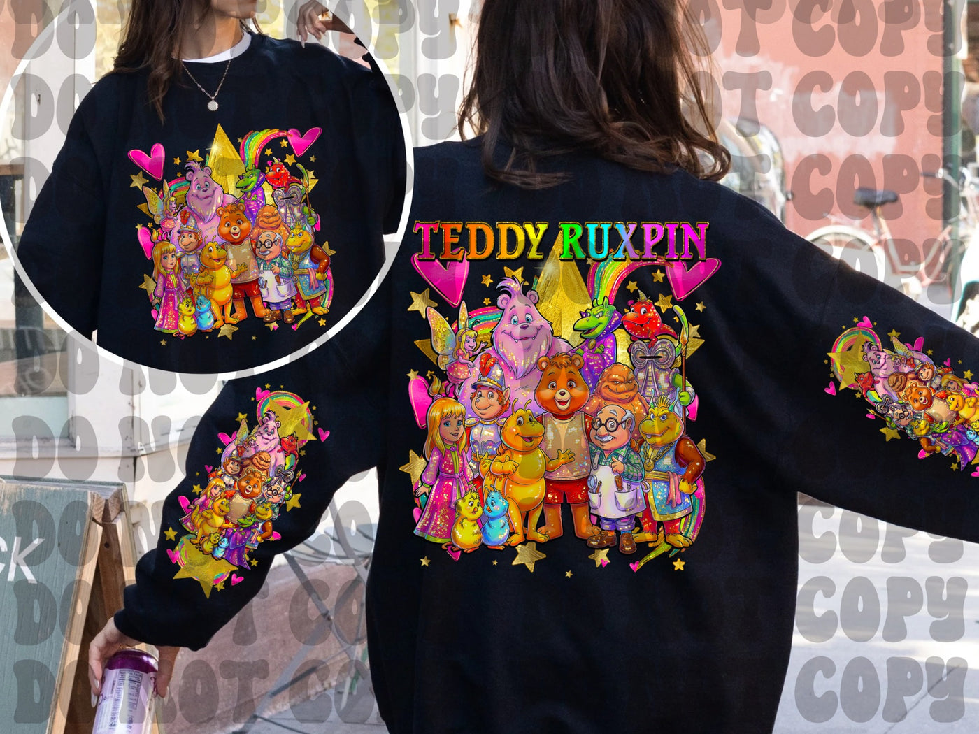 Teddy Bear & Friends Colorful Graphic Sweatshirt | Retro 80s Cartoon Inspired Front Back Sleeve Print