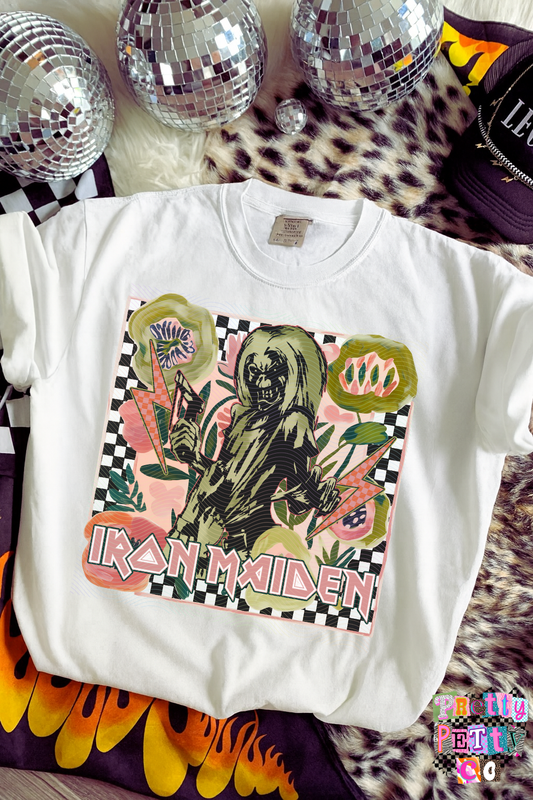 Iron Maiden Muted Floral Graphic Tee, Retro Metal Band Inspired Shirt, Youth and Adult Sizing, DTF Printed