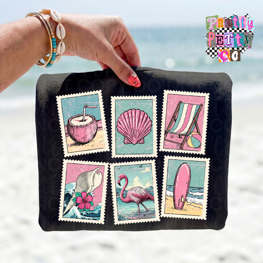 Summer Stamps Graphic Tee for Women – Cute Travel Postcard Shirt – Beachy Vacation Vibes T‑Shirt – Bright Summer Icons Graphic Top - Pretty Petty Co