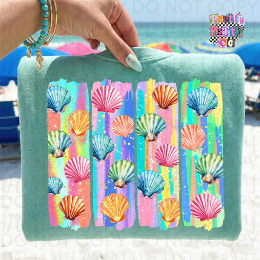 Colorful Seashells Graphic Tee for Women – Cute Coastal Beach Shirt – Bright Summer Sea Shell T‑Shirt – Ocean Vibes Graphic Top