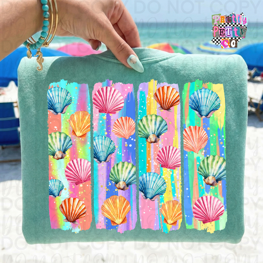Colorful Seashells Graphic Tee for Women – Cute Coastal Beach Shirt – Bright Summer Sea Shell T‑Shirt – Ocean Vibes Graphic Top - Pretty Petty Co