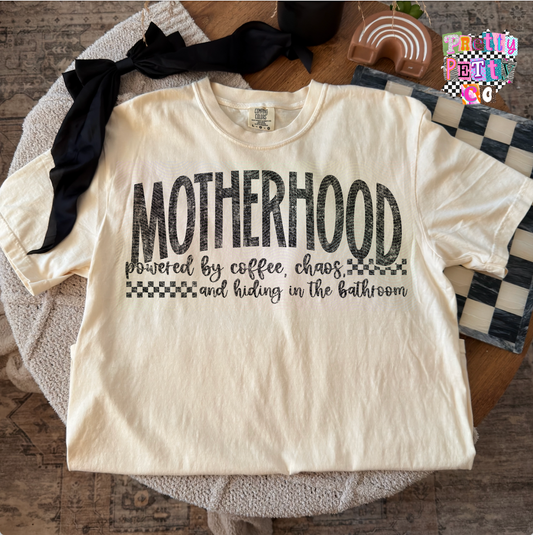 Motherhood Powered by Coffee Chaos and Hiding in the Bathroom Shirt – Funny Mom Life Graphic Tee – Relatable Motherhood T-Shirt – Gift for Moms
