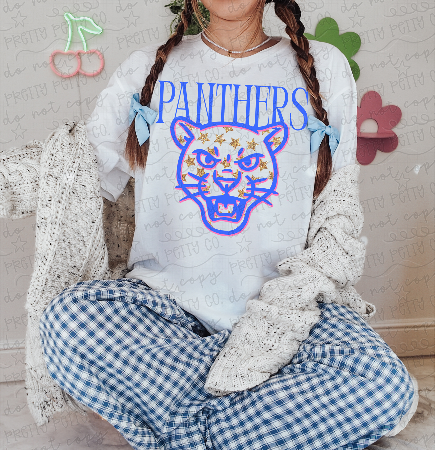 Panthers Glitter Mascot Graphic Tee | Blue Pink School Spirit Shirt | Panther Sports Fan T-Shirt
