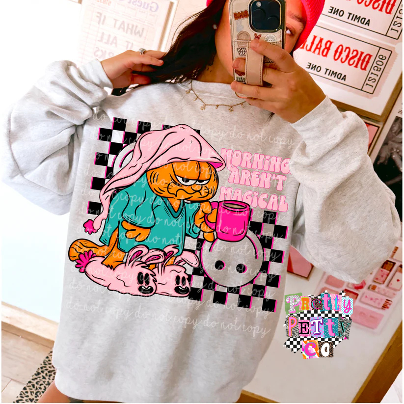 Mornings Aren’t Magical Graphic Tee | Lazy Orange Cat Inspired Shirt | Funny Cartoon T-Shirt - Pretty Petty Co