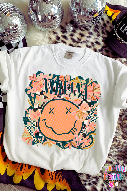 Nirvana Muted Floral Graphic Tee, Retro Grunge Band Inspired Shirt, Youth and Adult Sizing, DTF Printed