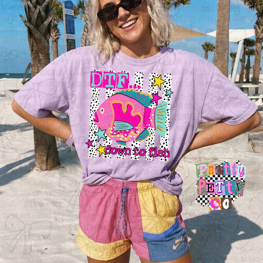 DTF Down to Fish Graphic Tee for Women – Funny Fishing Shirt – Cute Outdoor Summer T‑Shirt – Lake & River Adventure Top - Pretty Petty Co