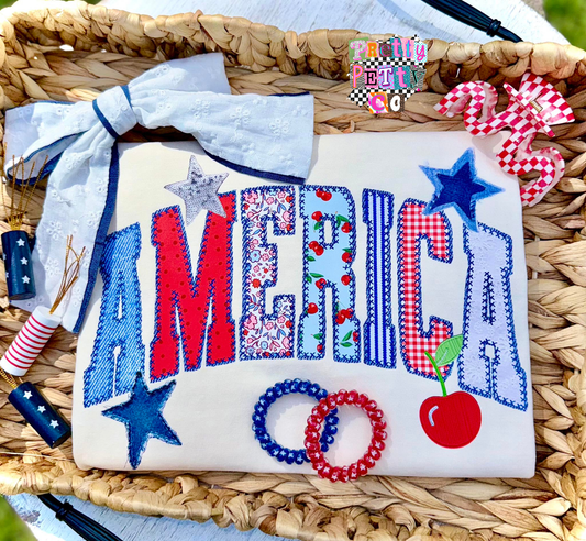 America Graphic Tee – USA Patriotic Shirt – Retro Red White & Blue Graphic Top for Women