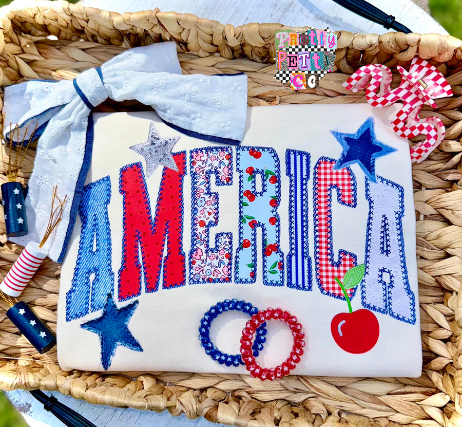 America Graphic Tee – USA Patriotic Shirt – Retro Red White & Blue Graphic Top for Women - Pretty Petty Co