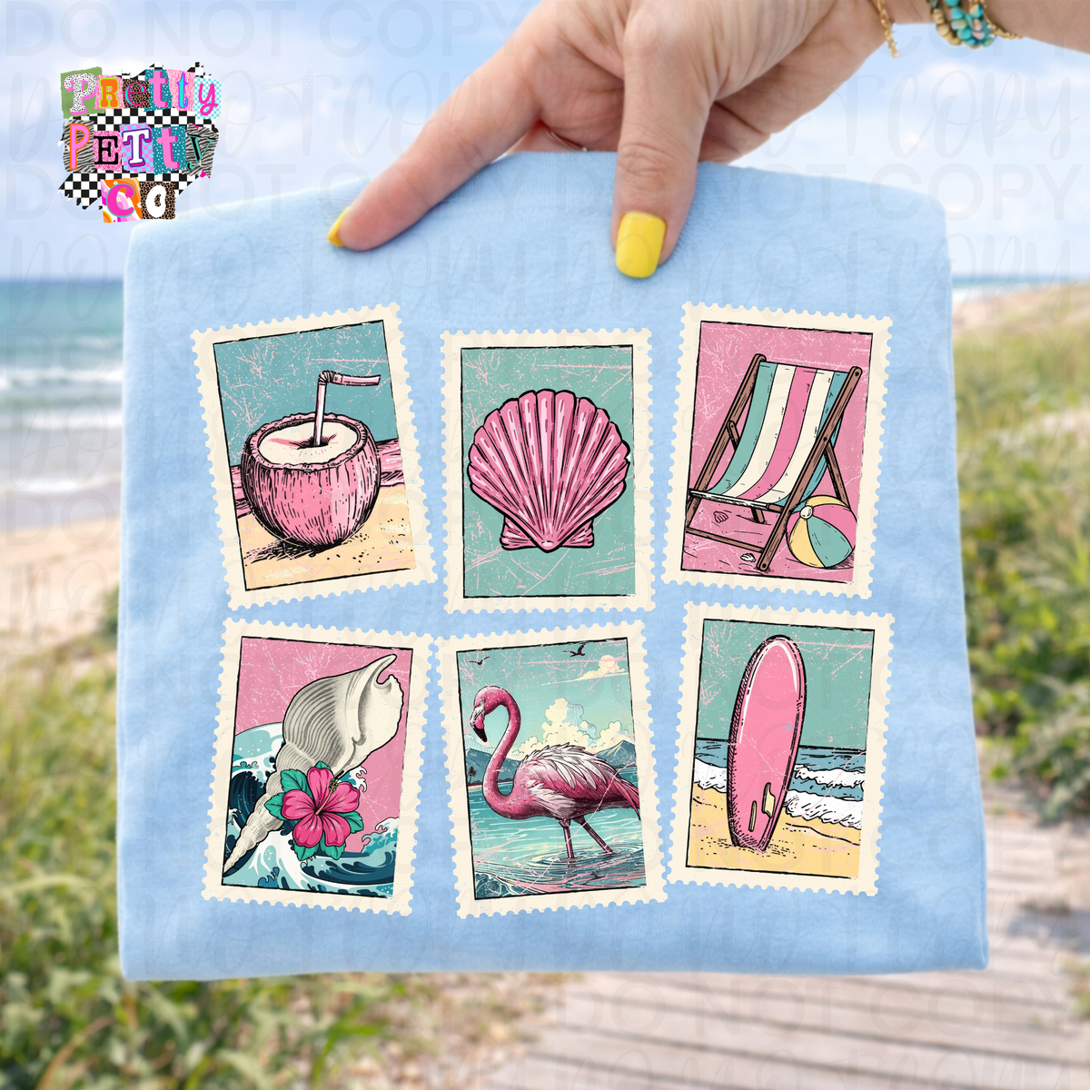 Summer Stamps Graphic Tee for Women – Cute Travel Postcard Shirt – Beachy Vacation Vibes T‑Shirt – Bright Summer Icons Graphic Top - Pretty Petty Co
