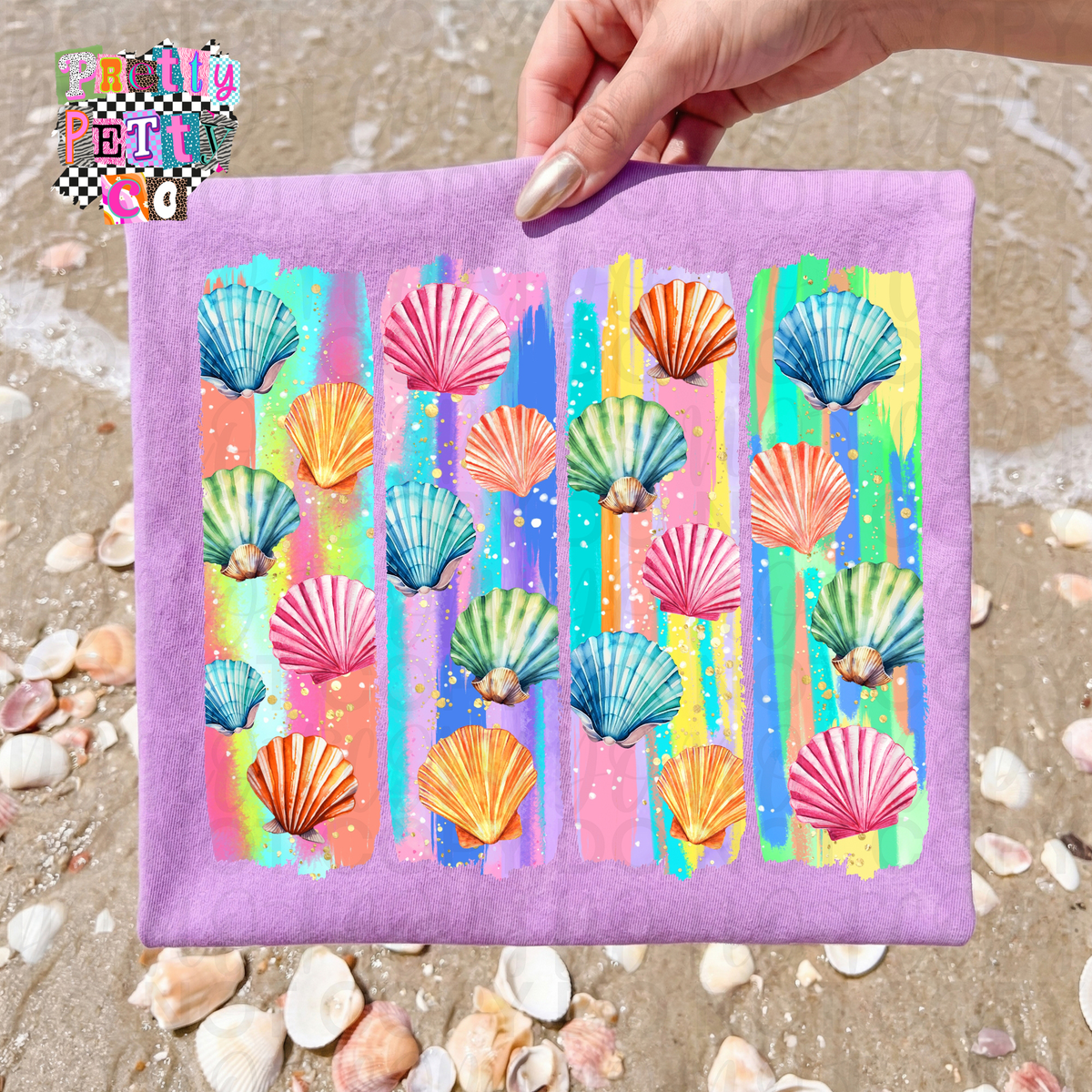 Colorful Seashells Graphic Tee for Women – Cute Coastal Beach Shirt – Bright Summer Sea Shell T‑Shirt – Ocean Vibes Graphic Top - Pretty Petty Co