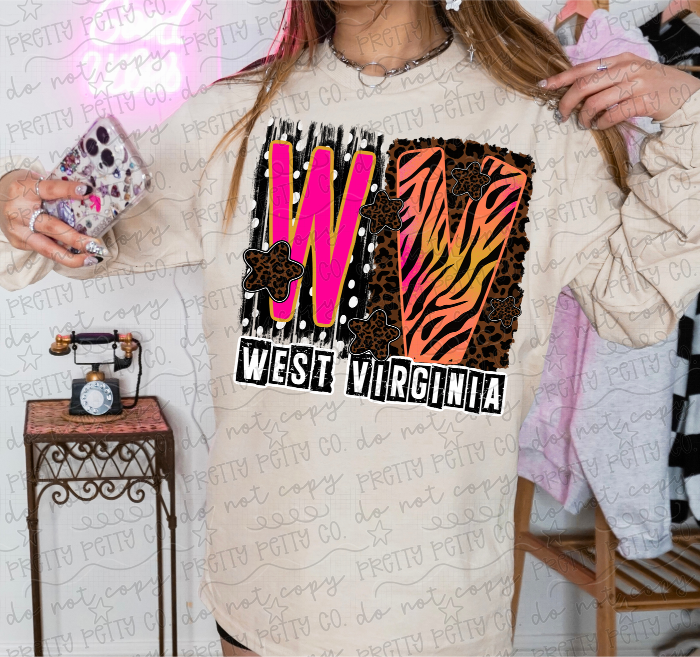 West Virginia WV Graphic Tee | Leopard & Zebra State Shirt | Colorful Retro West Virginia T-Shirt