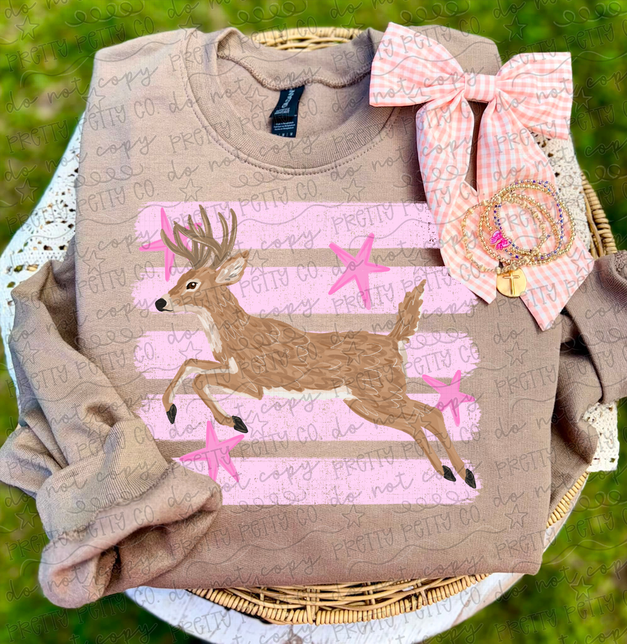 Pink Deer Hunting Sweatshirt | Girly Whitetail Buck Graphic Crewneck | Pink Striped Country Girl Sweatshirt | Southern Hunting Apparel