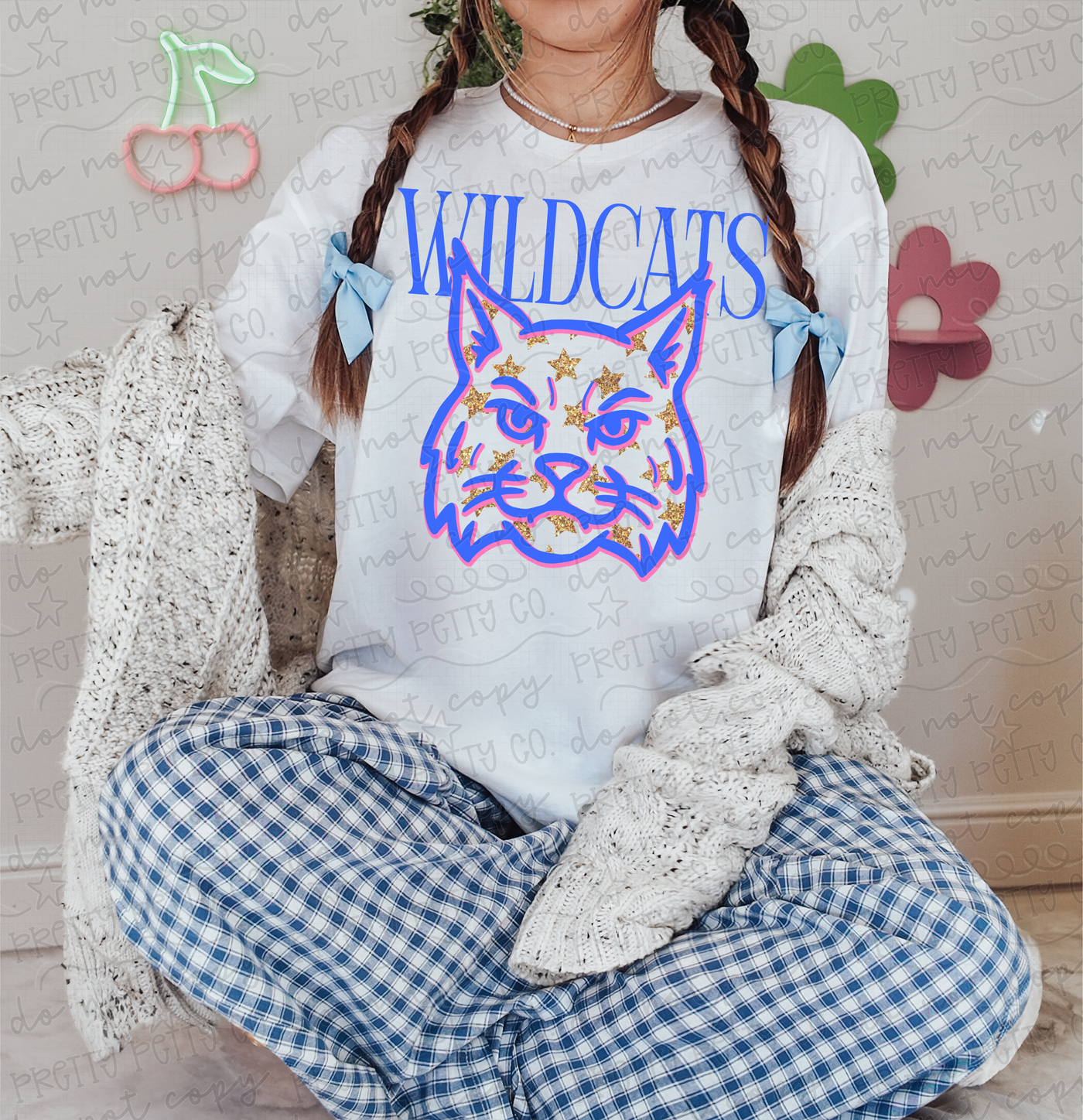 Wildcats Glitter Mascot Graphic Tee | Blue Pink School Spirit Shirt | Wildcat Sports Fan T-Shirt