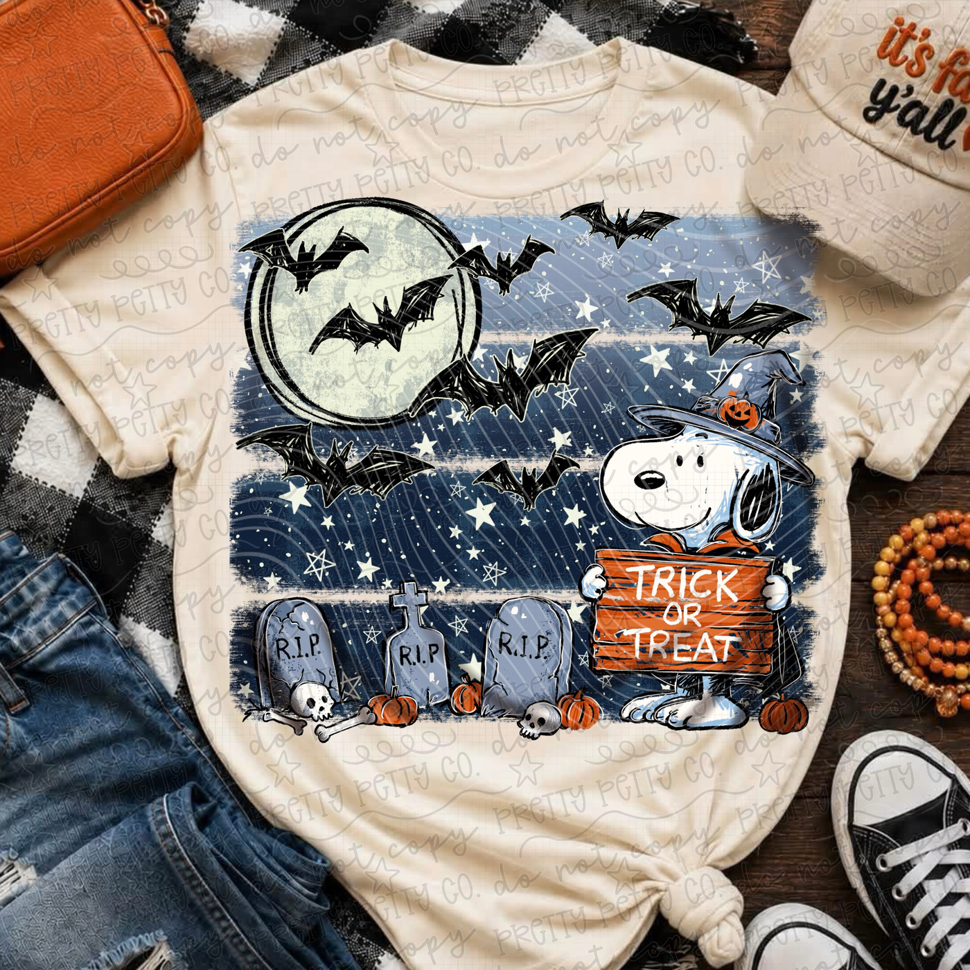 Cute Trick or Treat Halloween Dog Graphic Tee | Spooky Graveyard Pumpkin Shirt