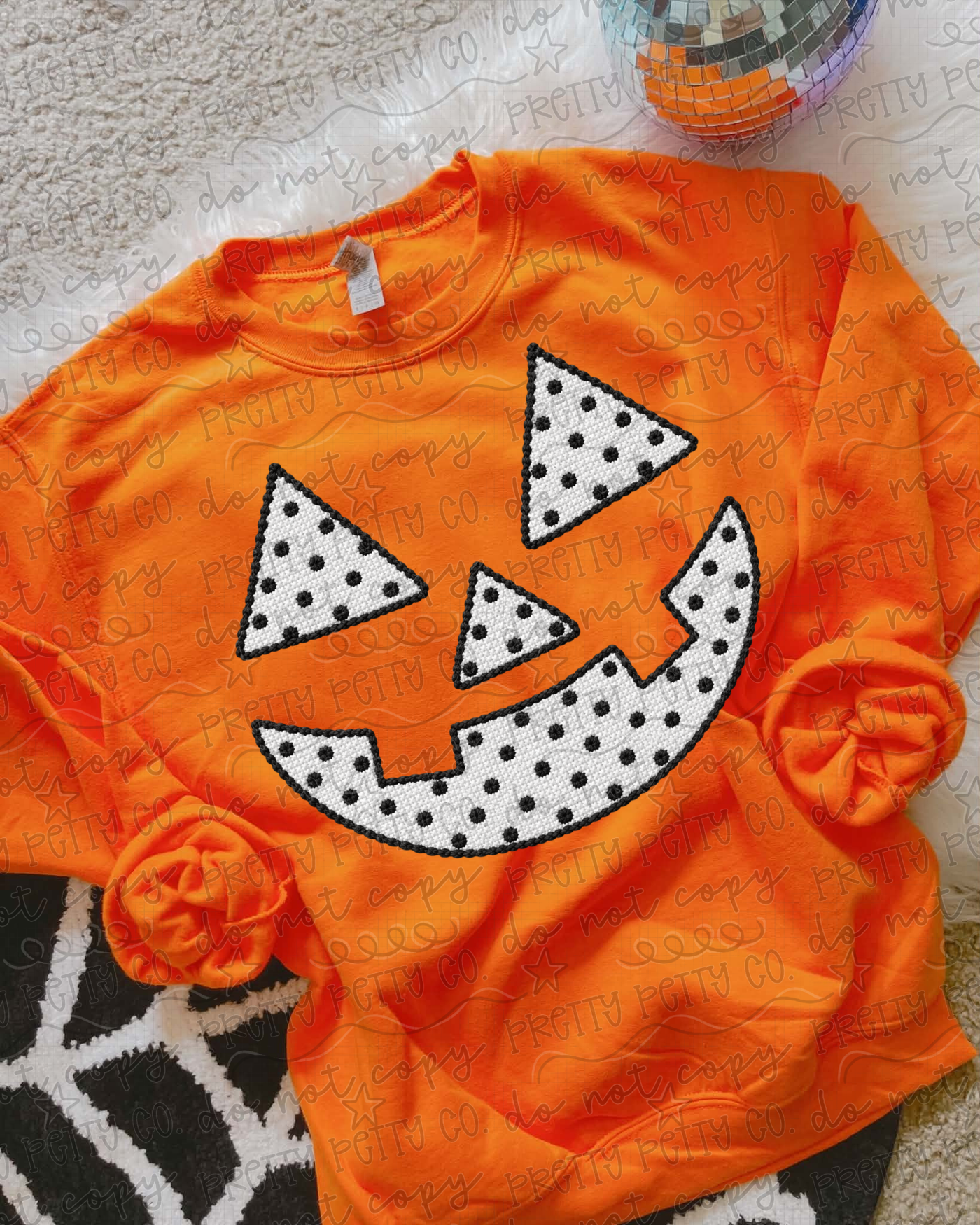 Polka Dot Pumpkin Face Halloween Sweatshirt | Faux Stitch Jack O Lantern Crewneck | Cute Spooky Halloween Sweatshirt