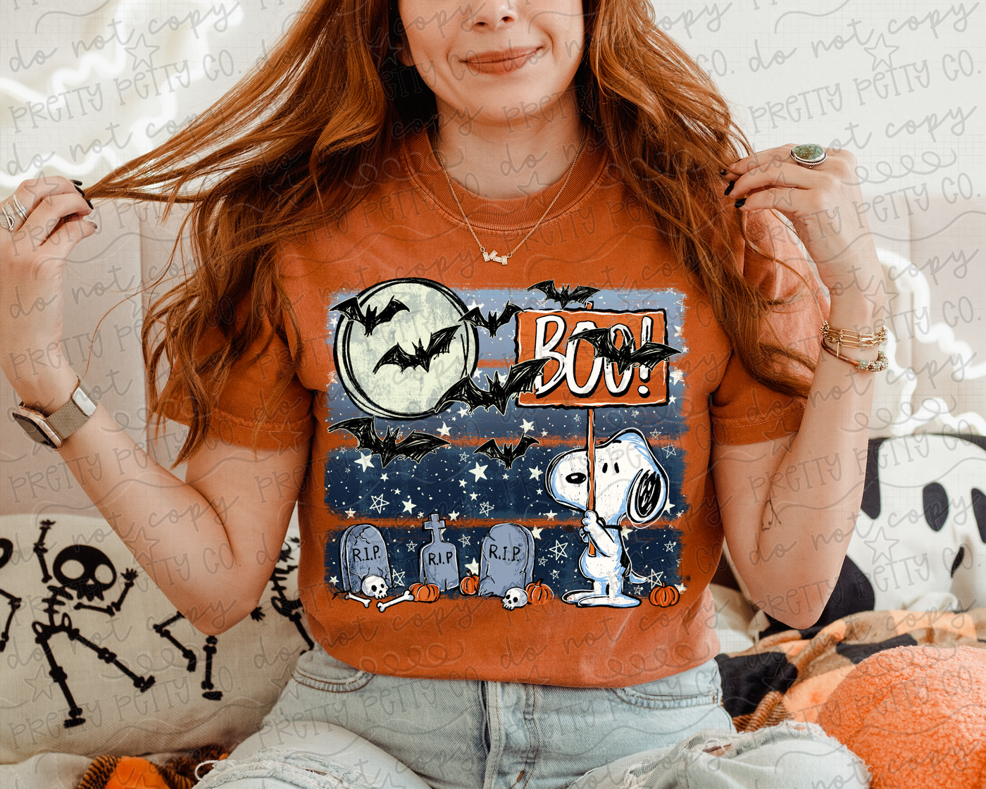 Cute Halloween Dog Boo Sign Graphic Tee | Spooky Graveyard Bat & Pumpkin Shirt