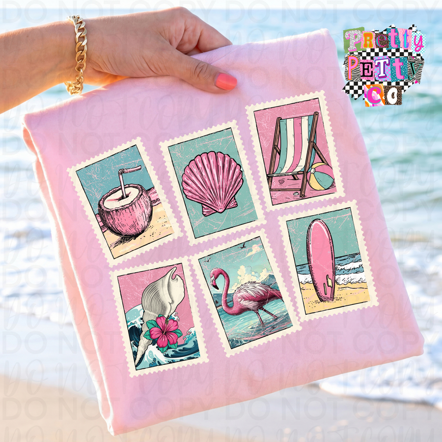 Summer Stamps Graphic Tee for Women – Cute Travel Postcard Shirt – Beachy Vacation Vibes T‑Shirt – Bright Summer Icons Graphic Top - Pretty Petty Co